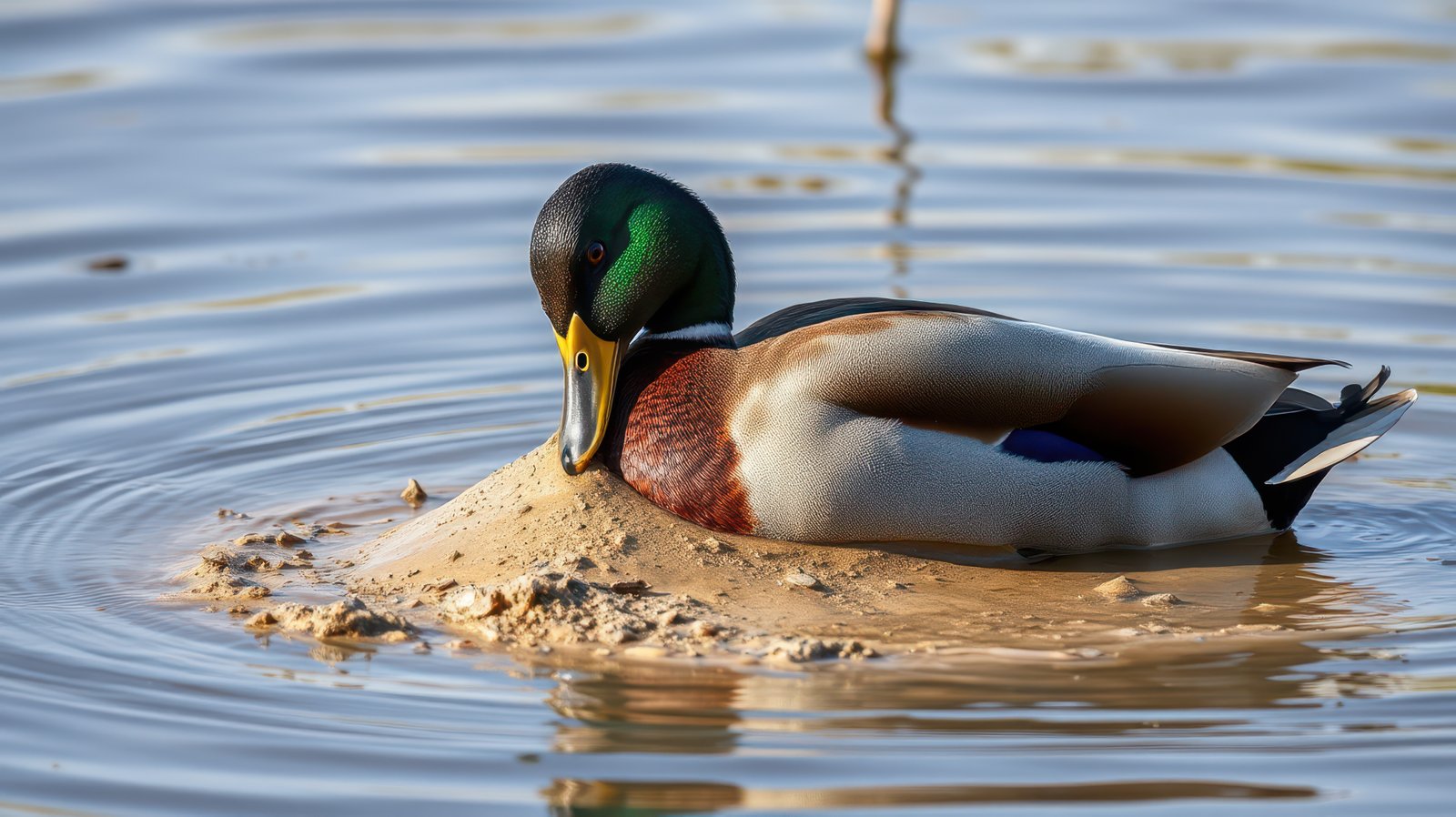 Male mallard duck resting on a sandy shore by a calm water body during golden hour light